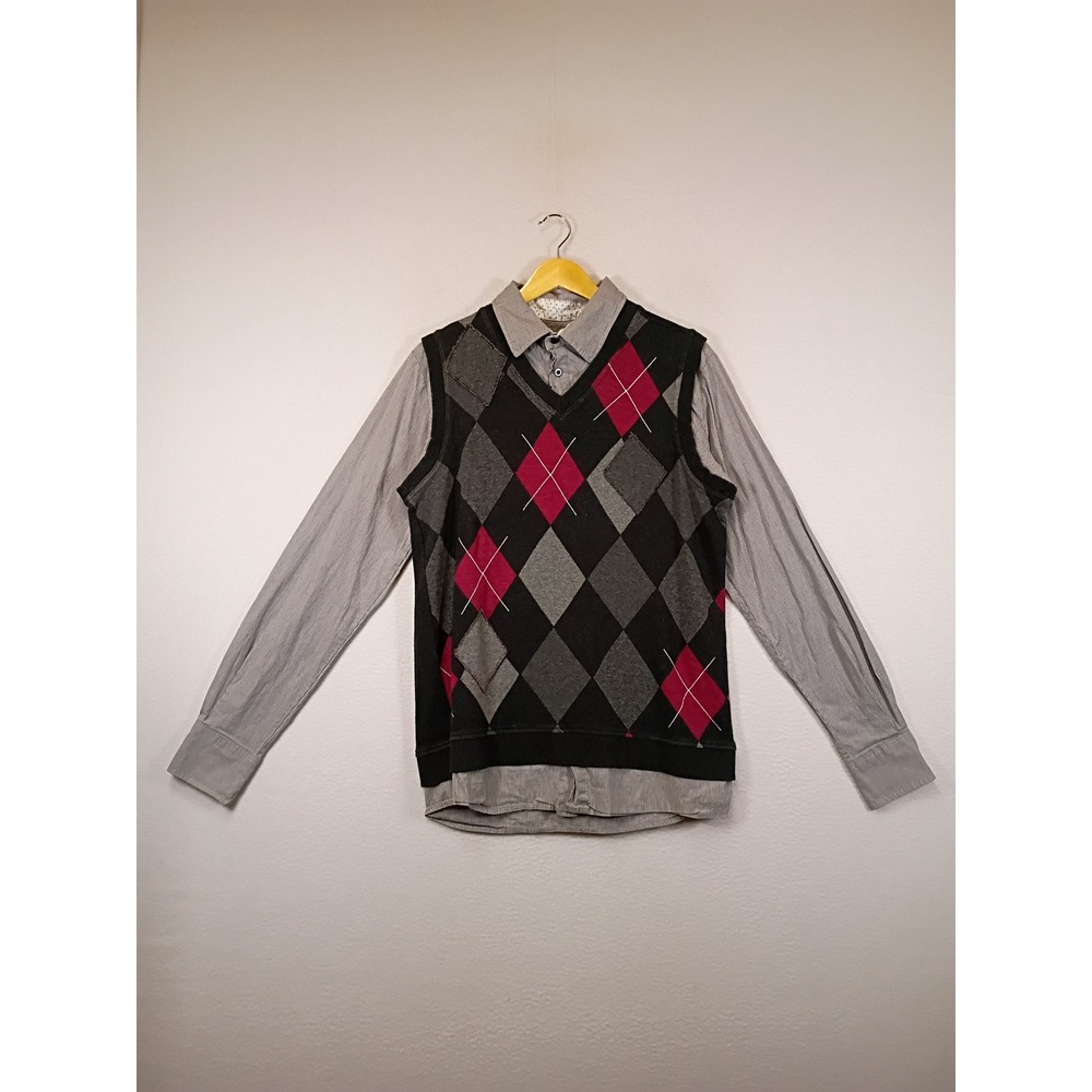 Dark Academia Blue Guru Mens M Grey Argyle 2-in-1 Layered Sweater Shirt Combo